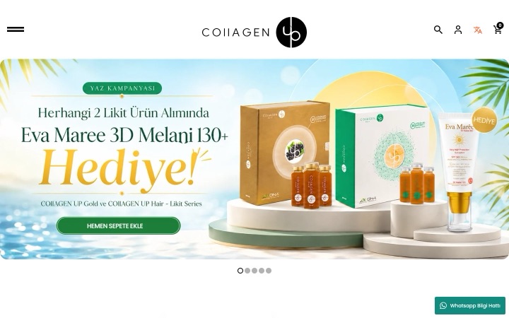 Collagen UP web sitesinin ana sayfa görünümü