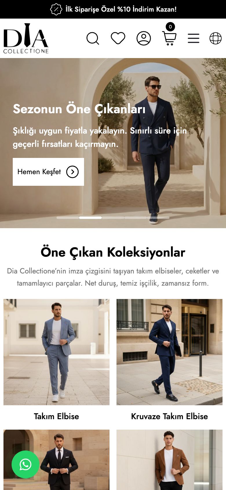 Dia Collectione web sitesinin telefondaki görünümü