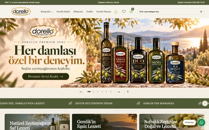 Dorello Zeytinyağı web sitesinin ana sayfa görünümü