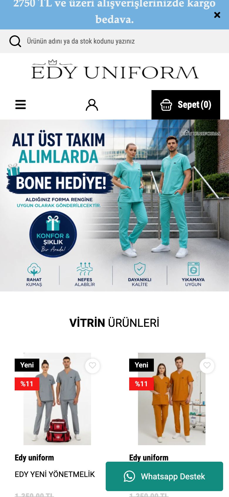 EDY Uniform web sitesinin telefondaki görünümü