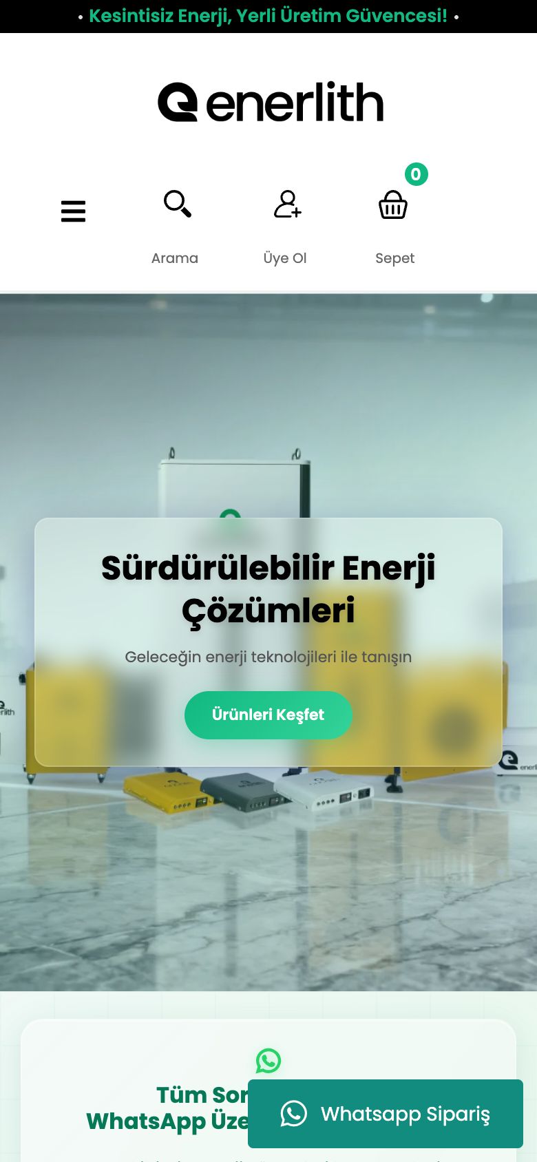 Enerlith web sitesinin telefondaki görünümü