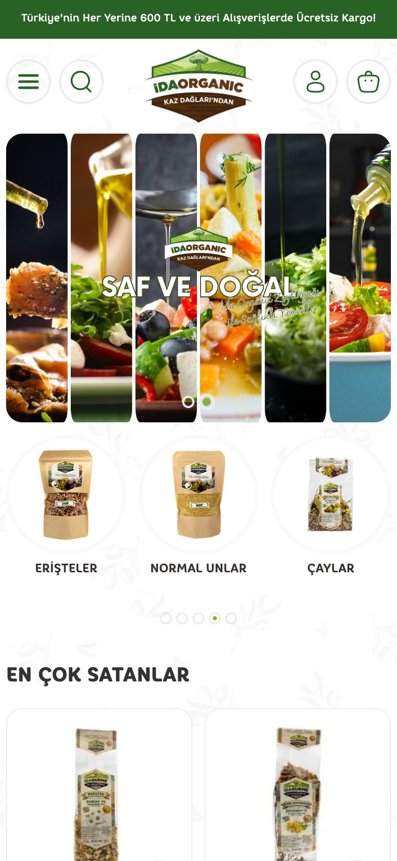 İda Organic web sitesinin telefondaki görünümü