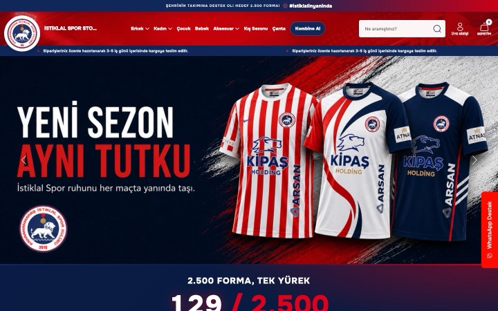 İstiklal Spor Store web sitesinin ana sayfa görünümü