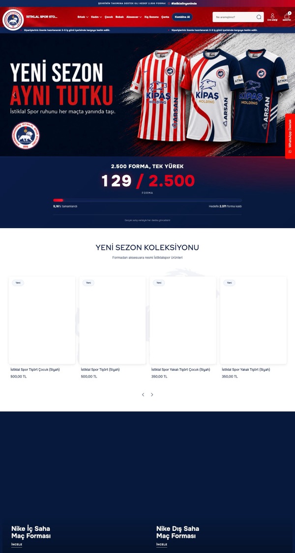 İstiklal Spor Store web sitesinin ana sayfa görünümü