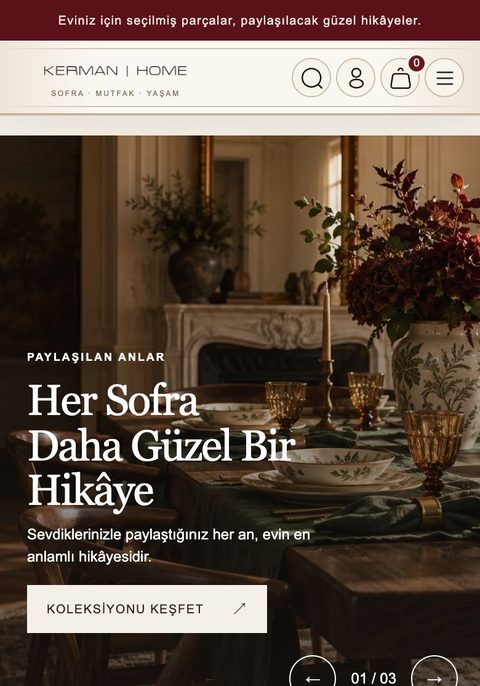 Kerman Home e-ticaret sitesinin telefon görünümü