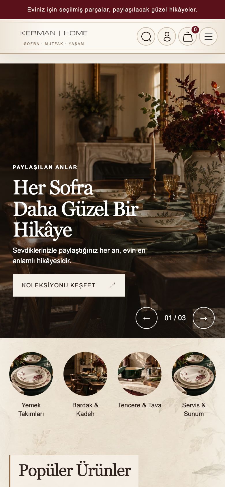 Kerman Home web sitesinin telefondaki görünümü