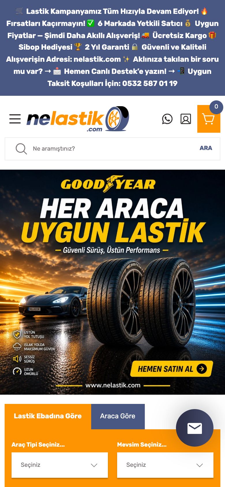 Nelastik web sitesinin telefondaki görünümü