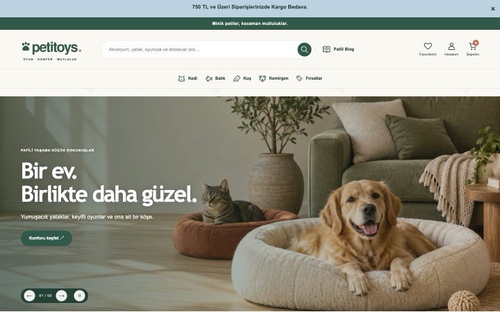 Petitoys web sitesinin ana sayfa görünümü