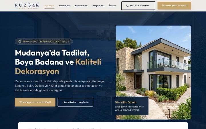 Rüzgar Dekorasyon web sitesinin ana sayfa görünümü