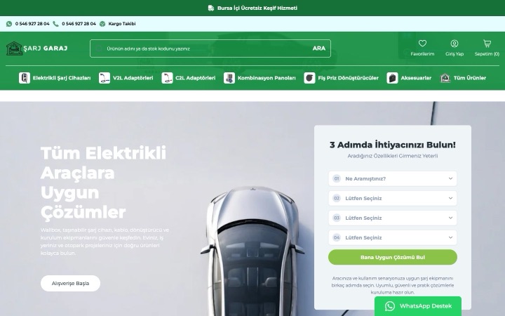 Şarj Garaj web sitesinin ana sayfa görünümü