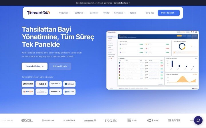 Tahsilat360 web sitesinin ana sayfa görünümü