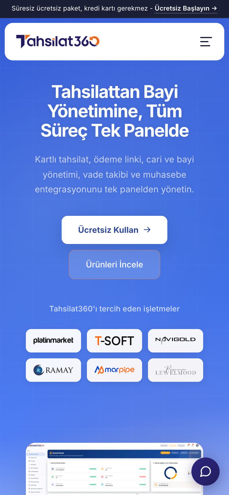 Tahsilat360 web sitesinin telefondaki görünümü