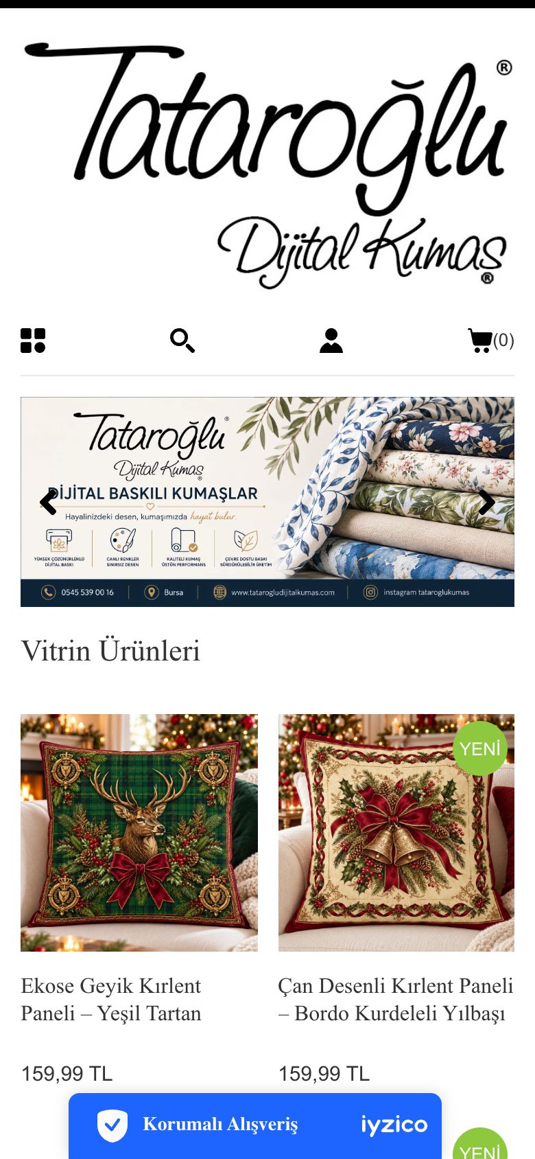Tataroğlu Dijital Kumaş web sitesinin telefondaki görünümü
