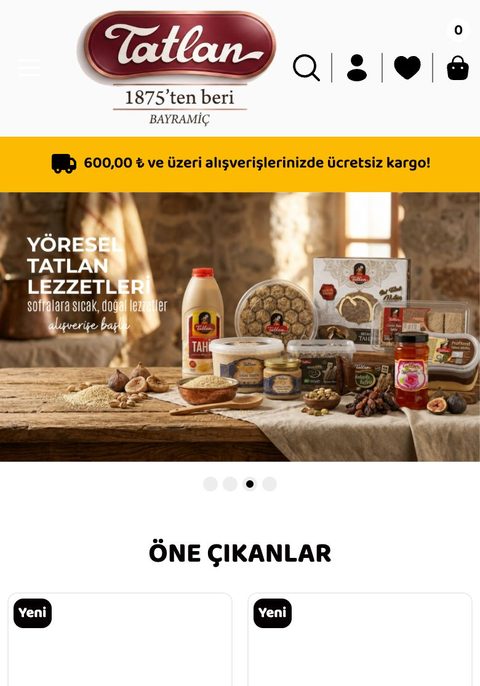 Tatlan Helva e-ticaret sitesinin telefondaki ana sayfa görünümü