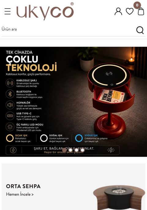 UKYCO e-ticaret sitesinin telefondaki ana sayfa görünümü
