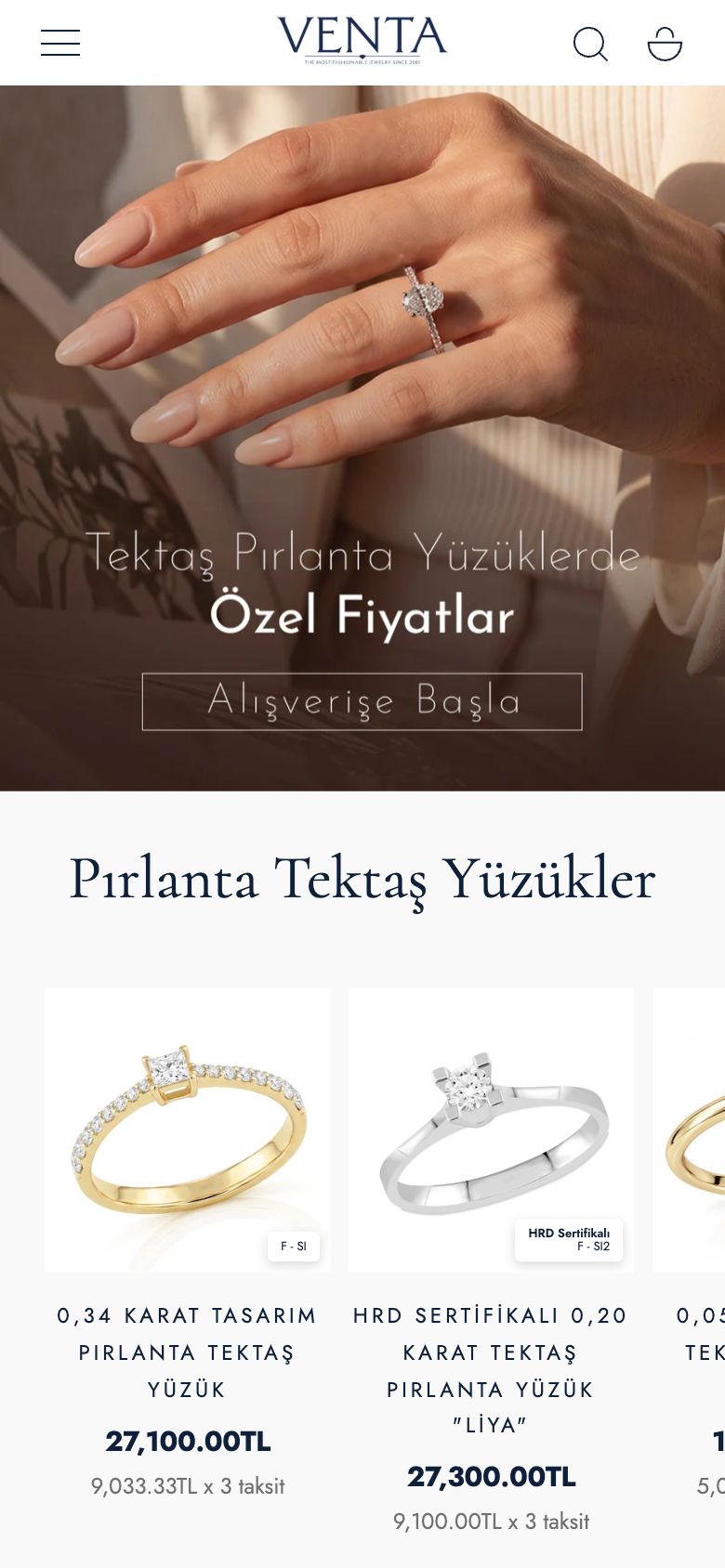 Venta Pırlanta web sitesinin telefondaki görünümü