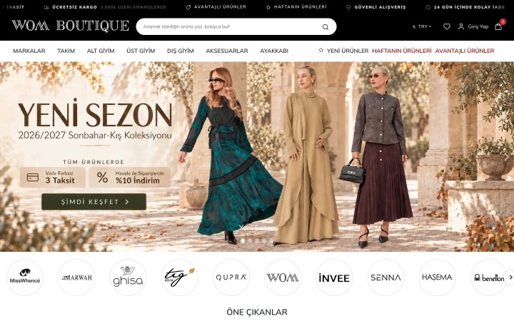 Wom Boutique web sitesinin ana sayfa görünümü