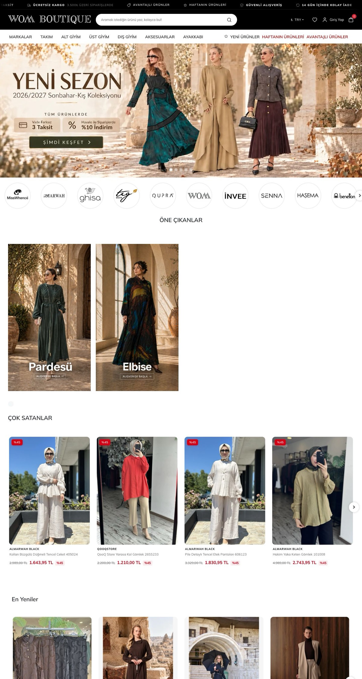 Wom Boutique ana sayfasının masaüstü görünümü: sayfanın ilk üç ekranı