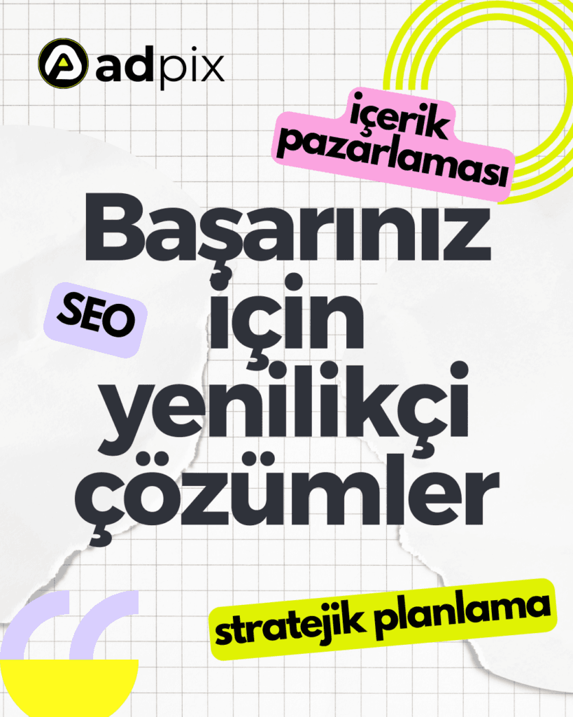 “Başarınız için yenilikçi çözümler” yazılı AdPix afişi: SEO, içerik pazarlaması ve stratejik planlama etiketleri