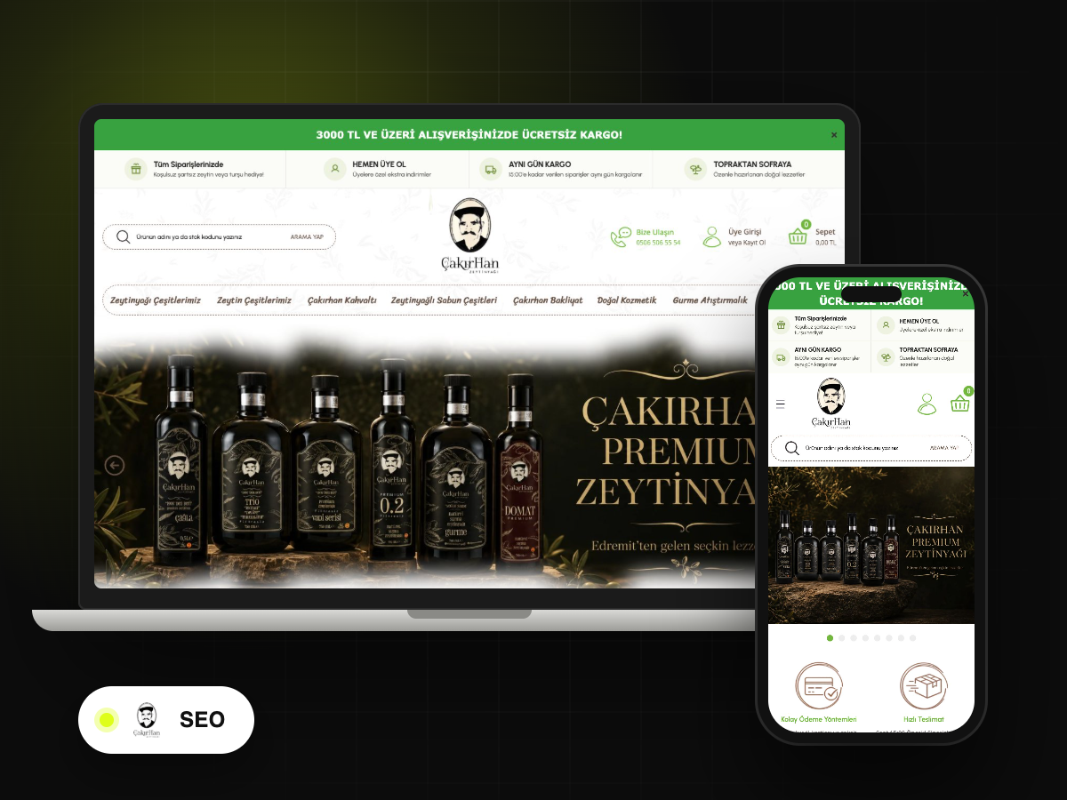 AdPix’in SEO çalışması yürüttüğü Çakırhan Zeytin mağazasının dizüstü bilgisayarda ve telefonda ana sayfası