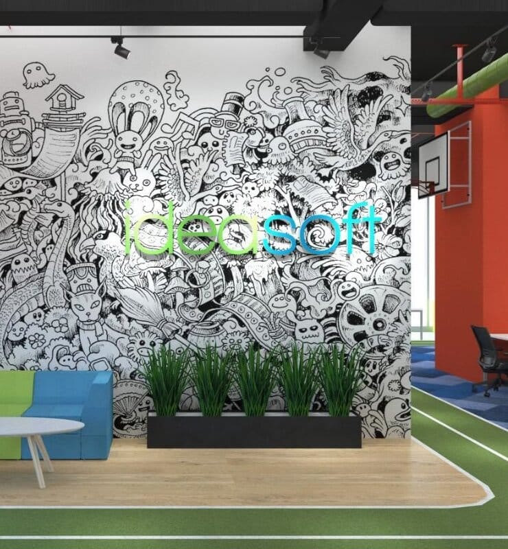 ideasoft logolu, çizimlerle kaplı ofis duvarı