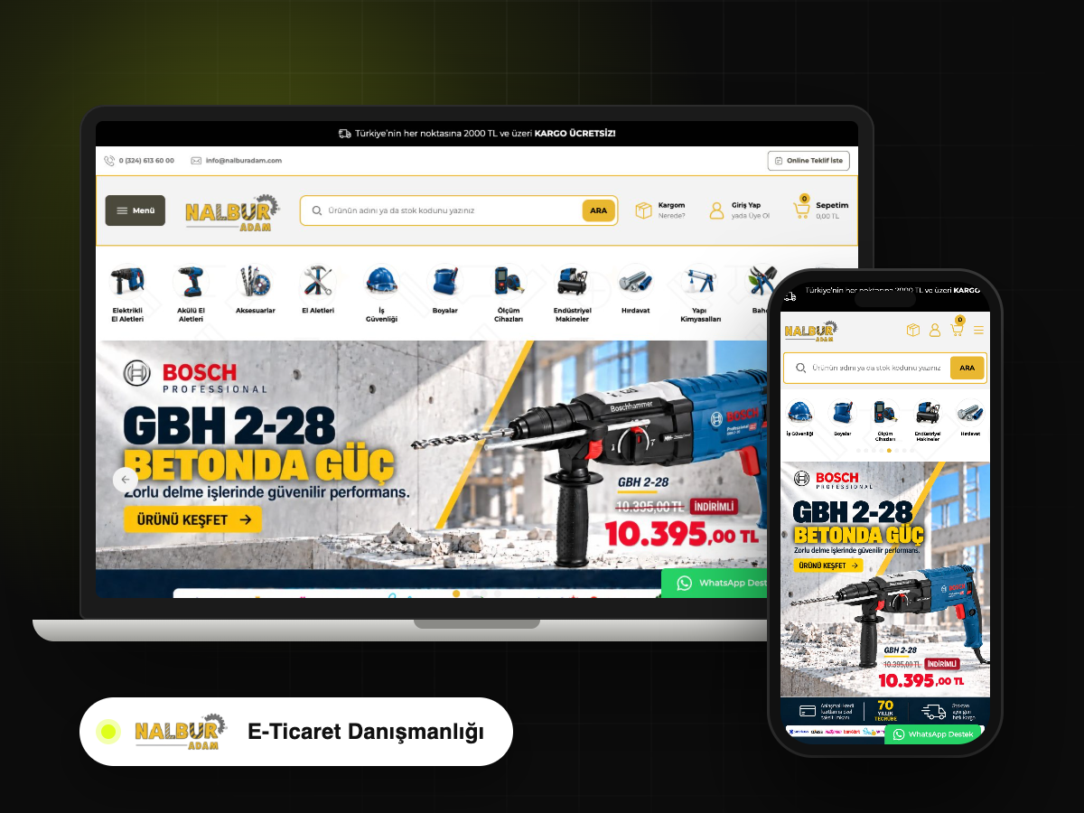 AdPix’in e-ticaret danışmanlığı verdiği Nalburadam mağazasının dizüstü bilgisayarda ve telefonda ana sayfası