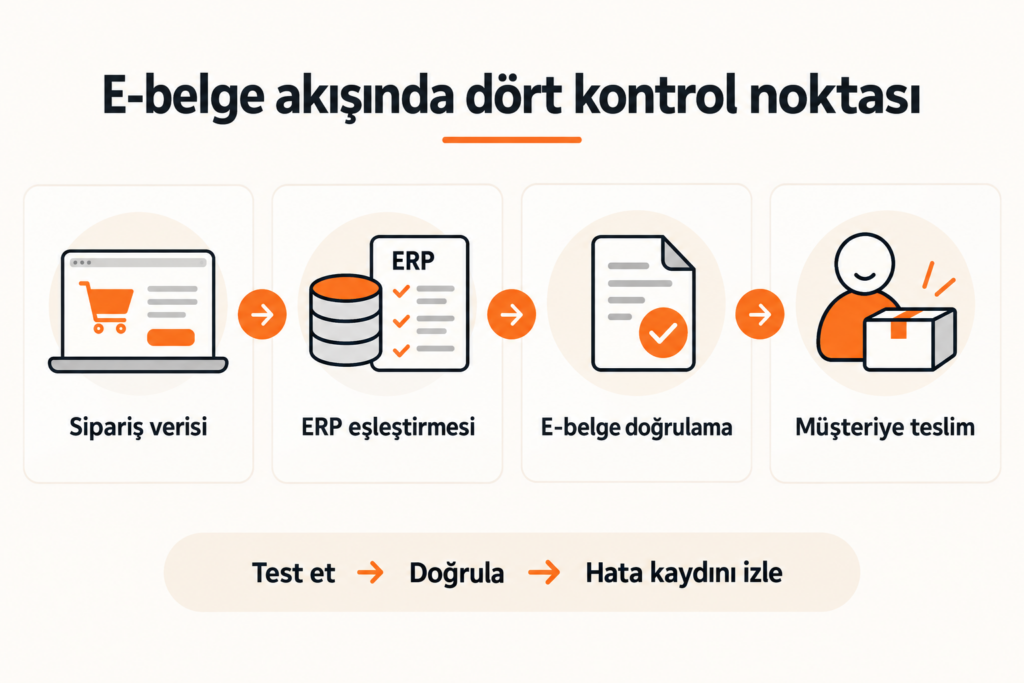 E-ticaret siparişinden ERP ve e-belge doğrulamasına uzanan kontrol akışı